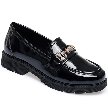 Women's Mary Jane Platform Shoes Round  Head Spring New Metal Chain Casual Soft Patent Leather Slip on Loafers