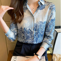 French Printed Lapel Shirt Long Sleeve Loose Mulberry Silk Top Temperament Commuting Shirt Women's Summer Style