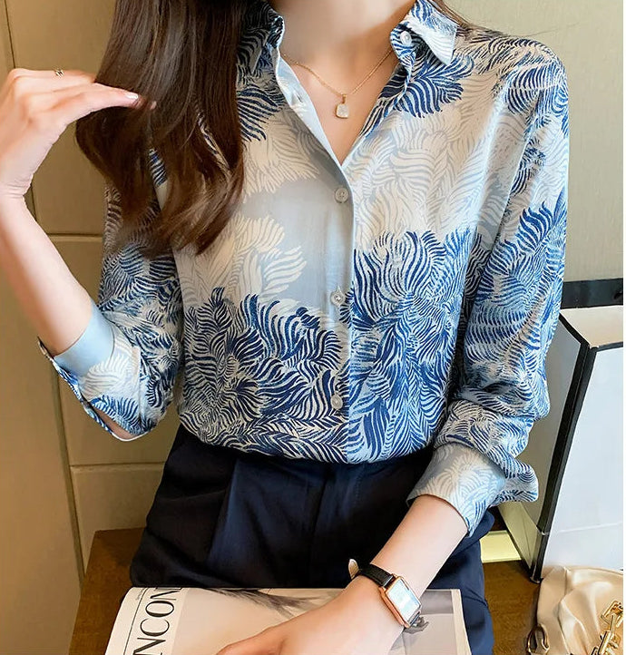 French Printed Lapel Shirt Long Sleeve Loose Mulberry Silk Top Temperament Commuting Shirt Women's Summer Style