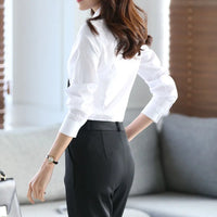 2025 New Women's White Striped Blouse Korean Slim Long Sleeve Printted Turn Down Collar Shirts Single-breasted Office Lady Shirt