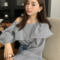 Irregular Ruffle Edge Exposed Single Shoulder Striped Shirts Women Chemise Femme Top Blouse