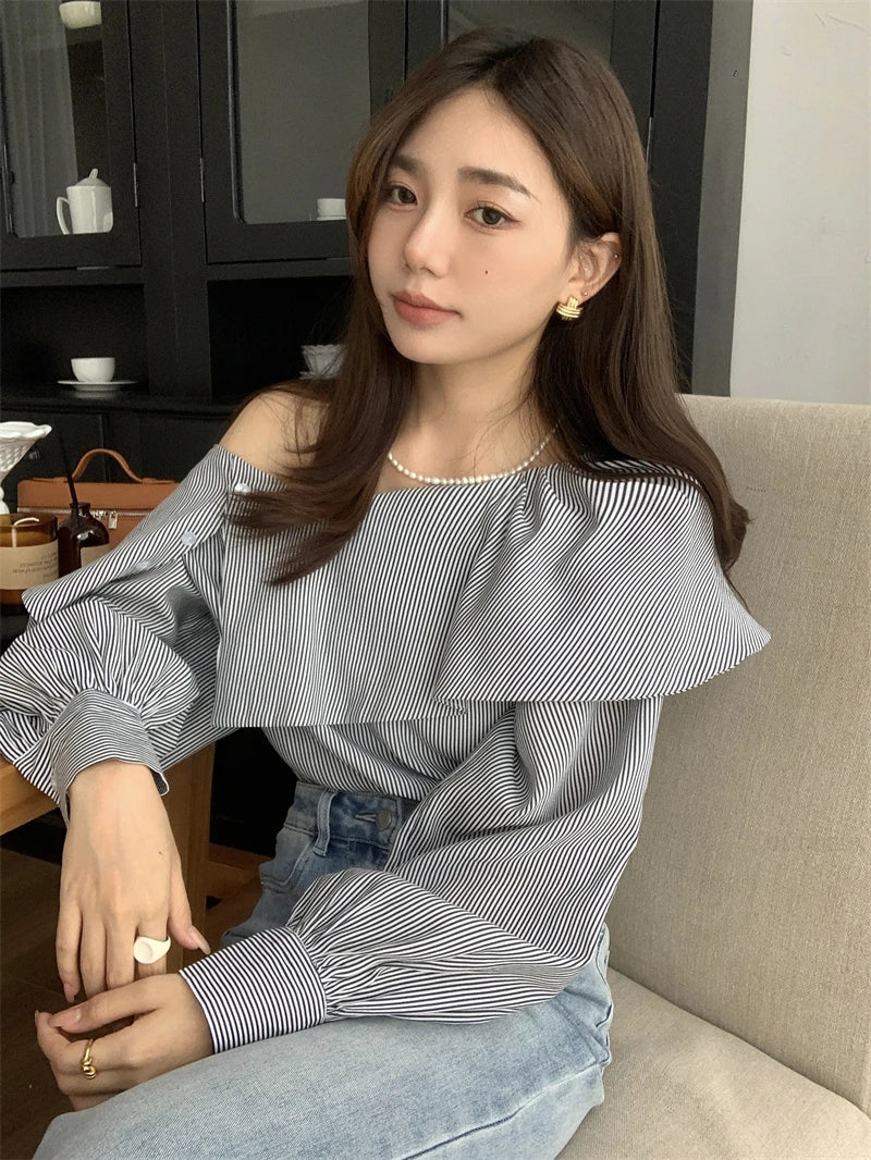 Irregular Ruffle Edge Exposed Single Shoulder Striped Shirts Women Chemise Femme Top Blouse