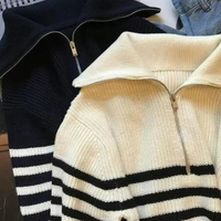 Autumn Winter Ladies Striped Knit Sweater Half Zipper Wide Lapel Collar Loose Long Sleeve Pullover For Casual Daily Going Out Natalia Home Fashion    Natalia Home Fashion