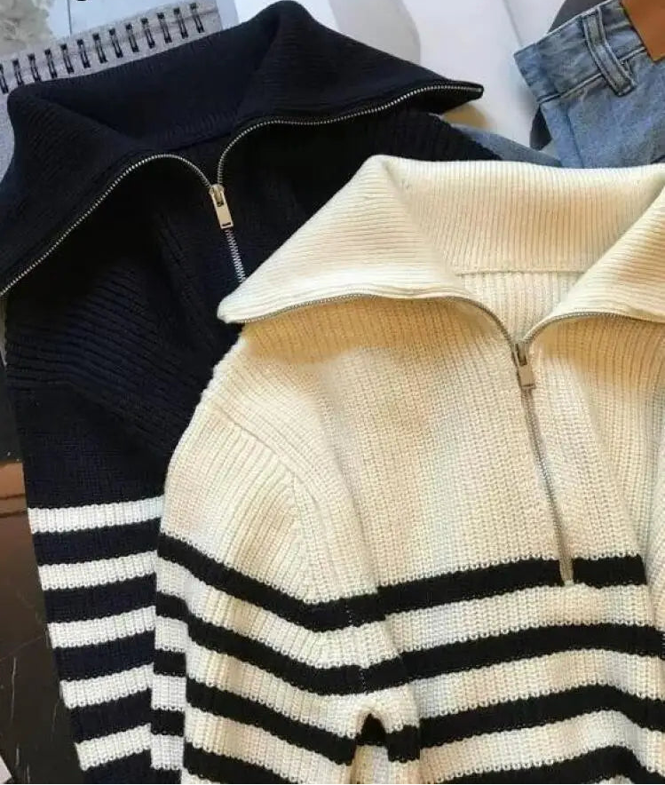 Autumn Winter Ladies Striped Knit Sweater Half Zipper Wide Lapel Collar Loose Long Sleeve Pullover For Casual Daily Going Out Natalia Home Fashion    Natalia Home Fashion
