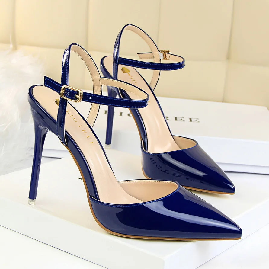 Women 10.5cm High Heels Sandals Lady Metallic Gray Patent Leather Stripper Ankle Strap Sandals Wedding Fetish Nightclub Shoes