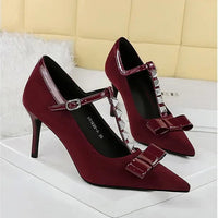 Banquet Bow Rivet T-button Pointed Head High Heel Women's Single Shoes
