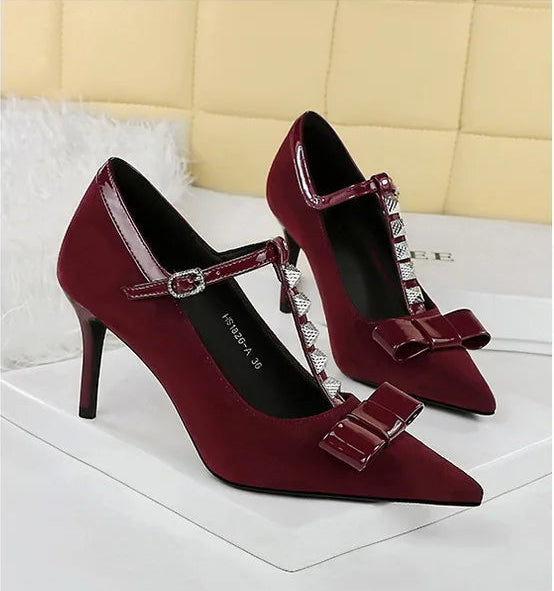 Banquet Bow Rivet T-button Pointed Head High Heel Women's Single Shoes