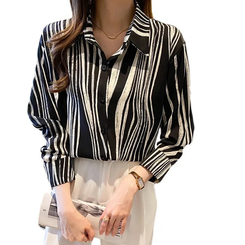 High-End Elegant Fashionable Casual Striped Long Sleeve Versatile French Style Lapel Chiffon Shirt Women's Clothing