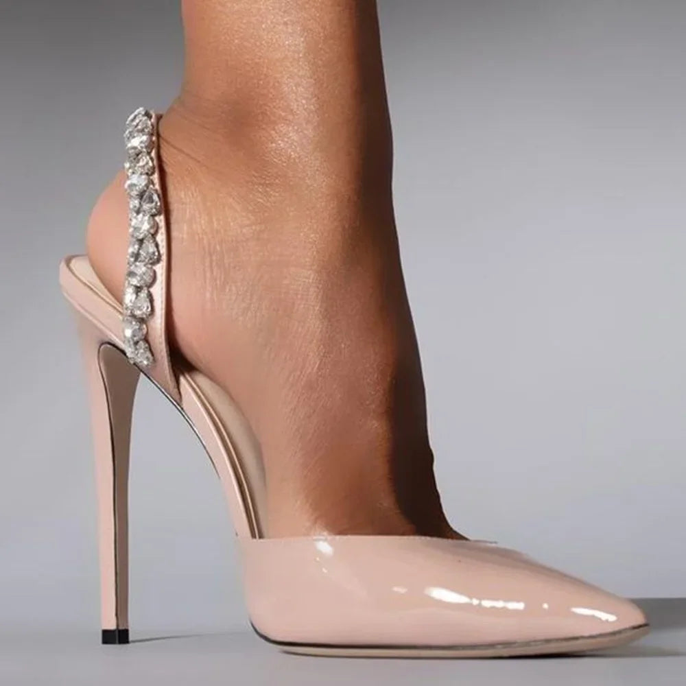Rhinestone Shine Back Strap Pumps Pointed Toe Patent Leather High Heels Women Stiletto Heel Shallow Sandal - Natalia Home Fashion