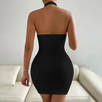 Women's sexy backless stand up collar sleeveless hip hugging dress