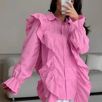 Ruffles Solid Women Shirt Pink Blue Lapel Female Top Elegant Fashion Single Breasted Flare Long Sleeve Lady Blouses