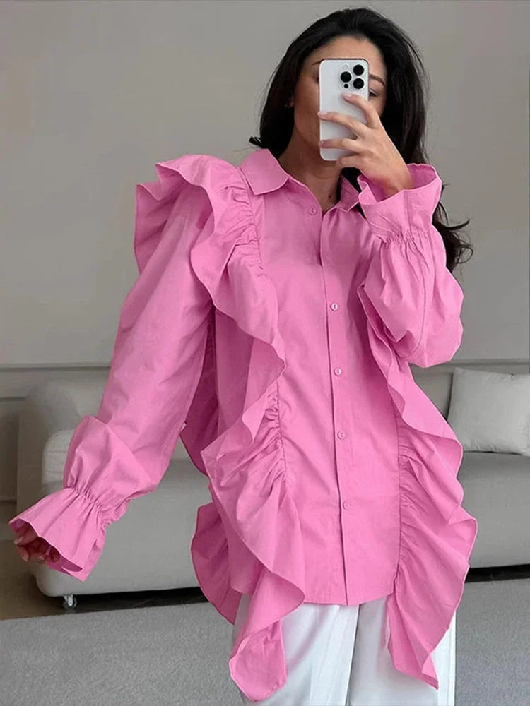 Ruffles Solid Women Shirt Pink Blue Lapel Female Top Elegant Fashion Single Breasted Flare Long Sleeve Lady Blouses