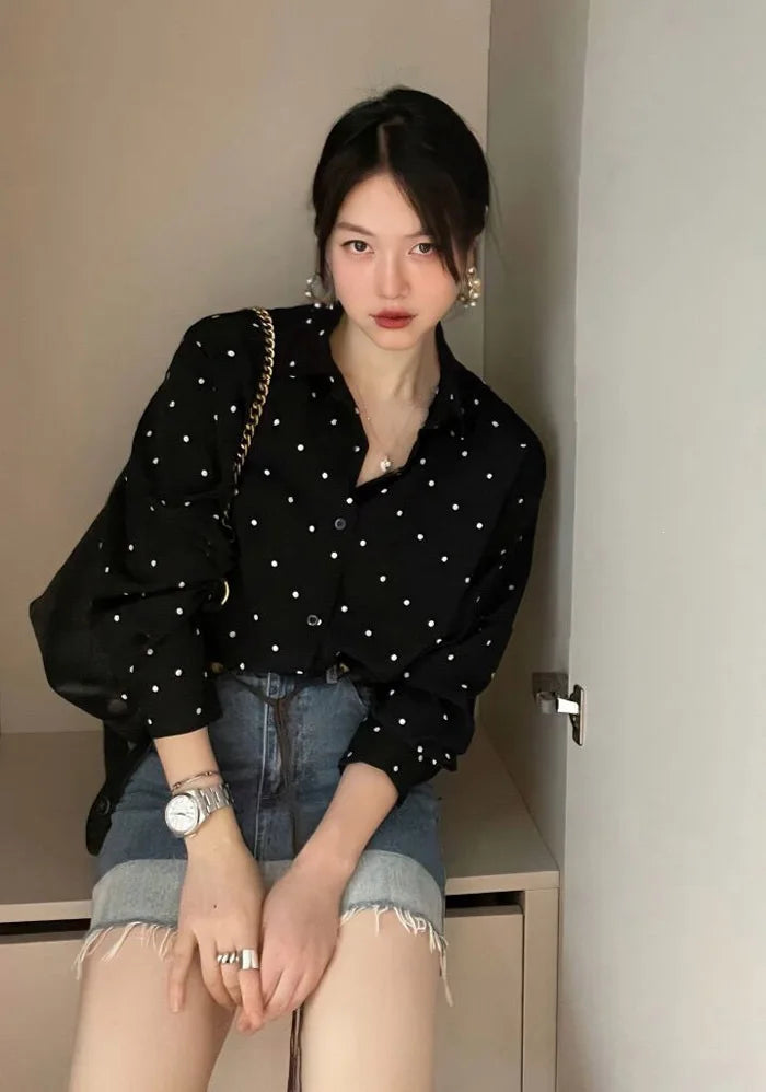 Chic Polka Dot Long Sleeve Shirt Women's Turn-down Collar French Style Simple Design Spring Summer New Arrival