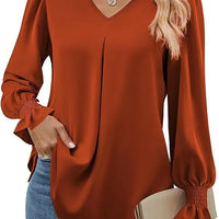 Fashion Simple Solid Color Pullover Shirt Women Loose V-neck Flared Sleeve Shirts Top Female Elegant Commuting Clothing