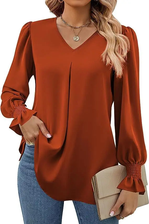 Fashion Simple Solid Color Pullover Shirt Women Loose V-neck Flared Sleeve Shirts Top Female Elegant Commuting Clothing