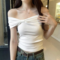 Summer Off Shoulder Bow Short Sleeve T-Shirt Women Stylish Ruched Slash Neck Cropped Tops Daily All-Match Solid Slimming Blouses Natalia Home Fashion    Natalia Home Fashion