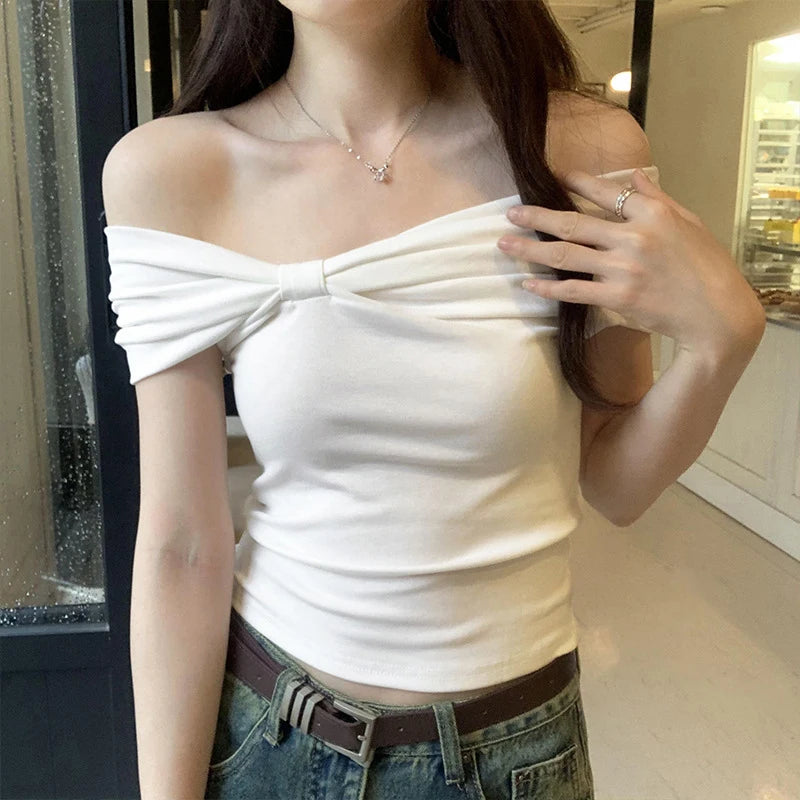 Summer Off Shoulder Bow Short Sleeve T-Shirt Women Stylish Ruched Slash Neck Cropped Tops Daily All-Match Solid Slimming Blouses Natalia Home Fashion    Natalia Home Fashion