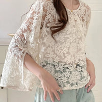 Round Neck Lace Shirt Women's Summer Floral Print Tie Dotted Cotton Blend Full Sleeve Slim Fit Button up Top