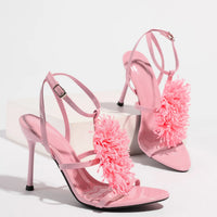 Ladies High Heel Sandals with 3D Fluffy Flower Decorations round Toe Thin Heel Spring Summer Night Club Fashionable Party Shoes
