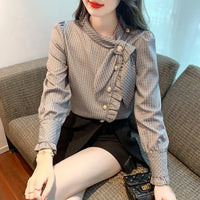 Elegant Plaid Long Sleeve Women's Shirt Vintage Design Simple Style Ageless Fashionable Top Quality Material