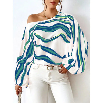 Elegant Printed Sleeve Shirt Independent Station Cross-Border Women's Long Sleeve One-Shoulder Loose Top Commute Style