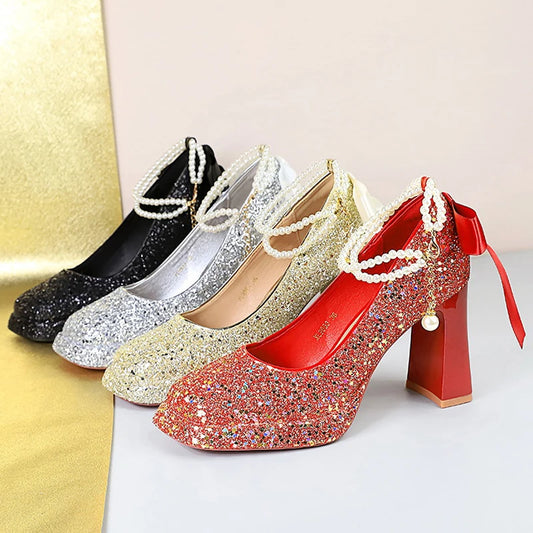 Pearl Chain Design Women Pumps Sequin Platform high heels Square head Thick heeled shoes with Women heels