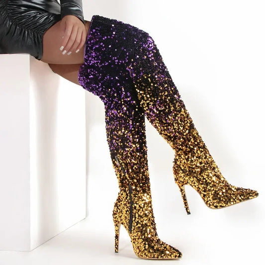 Sexy Over The Knee Long Boots Gradient Bling High Heels 11CM Thin Heels Side Zipper Women Boots New Sharp Tip Boots - Natalia Home Fashion