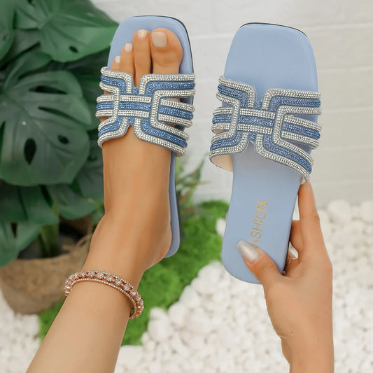Women's Rhinestone Slippers Outdoor Fashion Non-Slip Beach Shoes Comfortable Flat Square Heel Women's Sandals