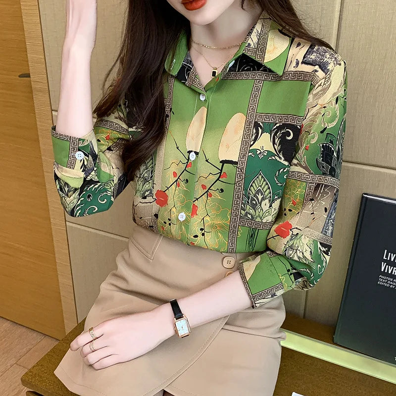 Slim Floral Long-sleeved Shirt Loose Printed Top for Women
