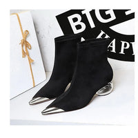 Street Style Fur Metal Hollow Heel Modern Faux Suede Short Boots for Women Metal Pointed Toe Low Heel Boots Female