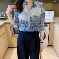 French Printed Lapel Shirt Long Sleeve Loose Mulberry Silk Top Temperament Commuting Shirt Women's Summer Style