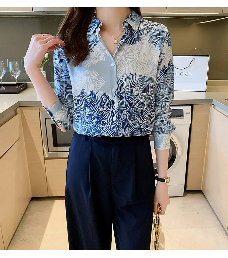 French Printed Lapel Shirt Long Sleeve Loose Mulberry Silk Top Temperament Commuting Shirt Women's Summer Style