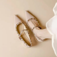 Elegant French Style Cropped Studded Flat Bottom Sandals Women's Summer Tweed Pattern Medial Vacancy Pointe Roman Design