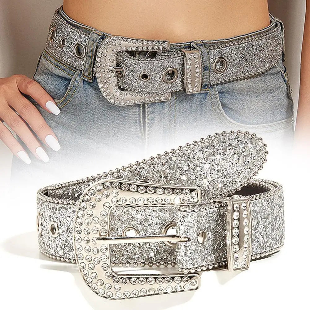 Skull Rivet Rhinestone Bb Belts Trendy Solid Color Sparkling PU Leather Belt Cowboy Cowgirl Jeans Pants Belt For Women Girls Natalia Home Fashion    Natalia Home Fashion
