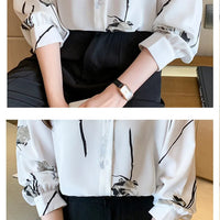 Women's Blouse Long Sleeve Rose Printed Fashionable Chiffon Shirt Long Sleeve Top