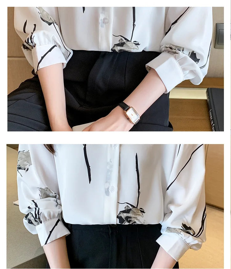 Women's Blouse Long Sleeve Rose Printed Fashionable Chiffon Shirt Long Sleeve Top