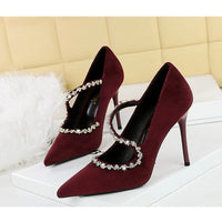 Banquet Pointed Toe High Heels Diamond Chain One-Strip Thin Heel Super High Heels Light Mouth Elegant Lace-Up