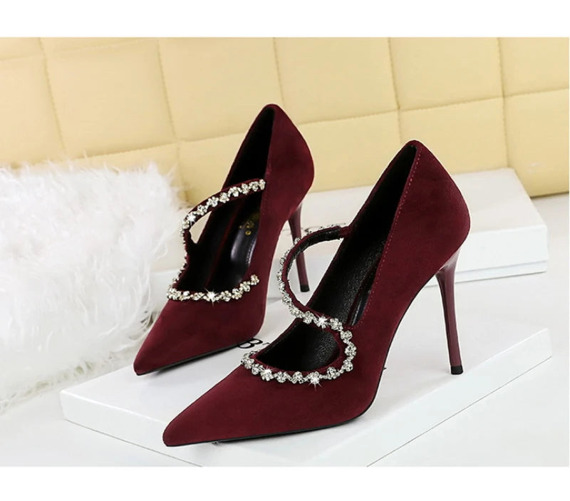 Banquet Pointed Toe High Heels Diamond Chain One-Strip Thin Heel Super High Heels Light Mouth Elegant Lace-Up