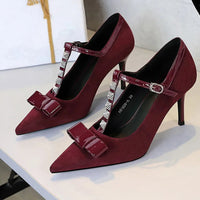 Banquet Bow Rivet T-button Pointed Head High Heel Women's Single Shoes
