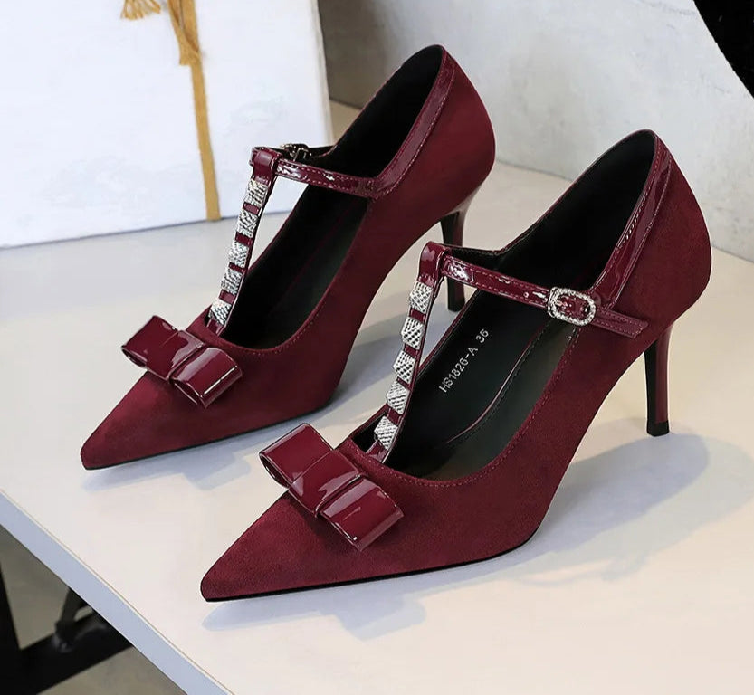 Banquet Bow Rivet T-button Pointed Head High Heel Women's Single Shoes