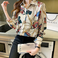 Fashion chain print ladies shirts Spring Women Blouses Long Sleeve Shirts Tops