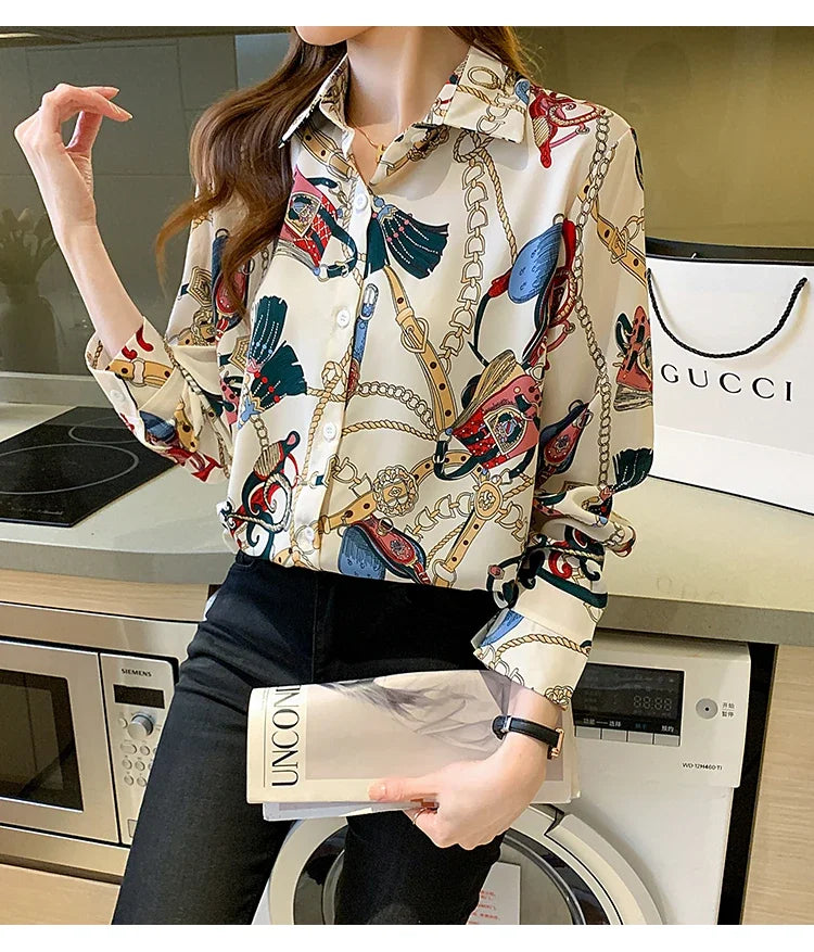 Fashion chain print ladies shirts Spring Women Blouses Long Sleeve Shirts Tops
