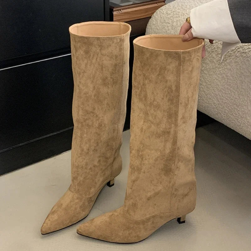 Street Style Pointed Toe Knee-High Boots Women Low Heels Shoes Female Long Booties Women Shoes