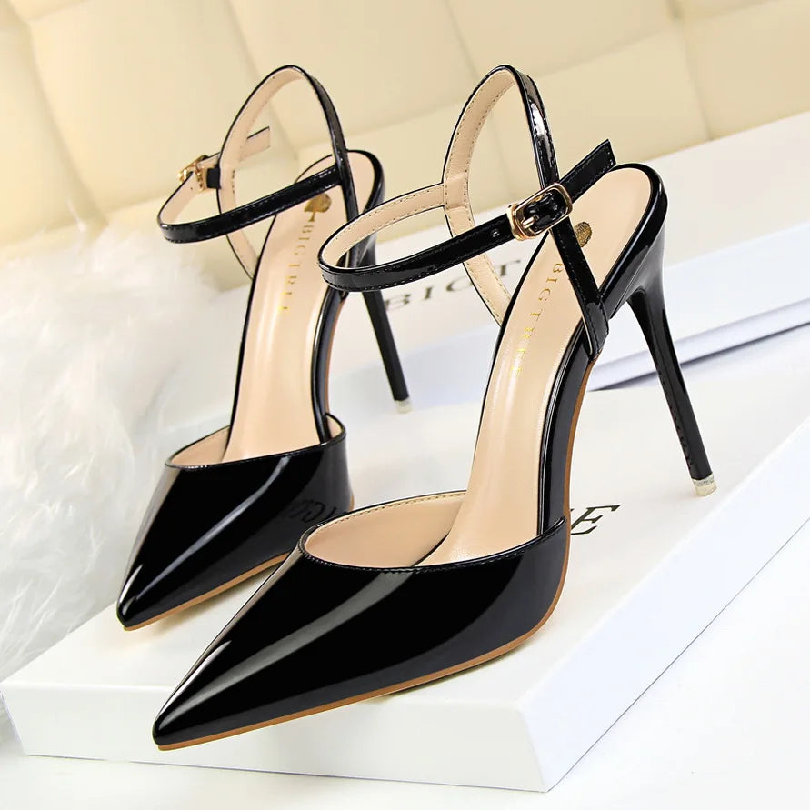 Women 10.5cm High Heels Sandals Lady Metallic Gray Patent Leather Stripper Ankle Strap Sandals Wedding Fetish Nightclub Shoes