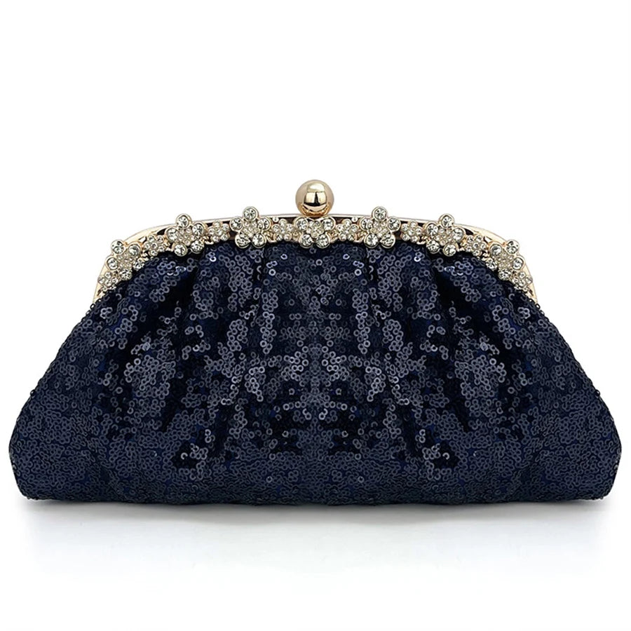 Fashion Sequins Bead Evening Bag Crystal Women Shell Clip Bags Blue Dinner Party Day Diamond Clutch Handbag Chains Shoulder Bags