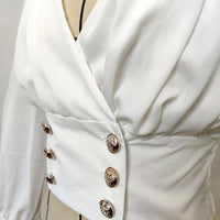 Women's Sexy V-neck Long Sleeved Short Waist Wrapped Bubble Sleeve Solid Shirt