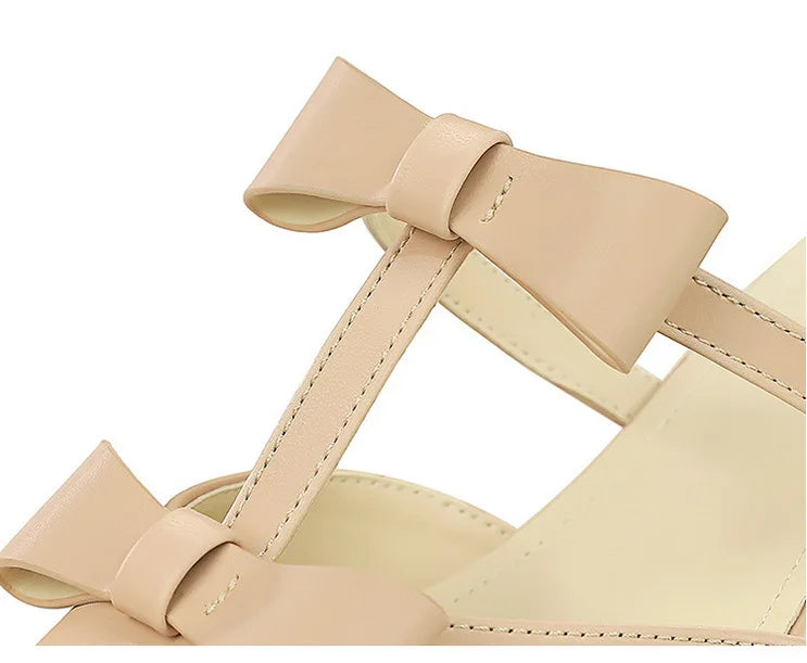 French Wedge Heel Pointed Head Sandals Versatile Bow Medium Heel Half Slippers Women