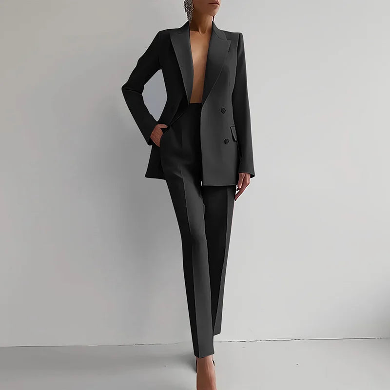 Women Fashion Solid Pant Suits, Office Lady Elegant V-Neck Long Sleeve Blazer Set, Pencil Pants Slim Ladies Outfit