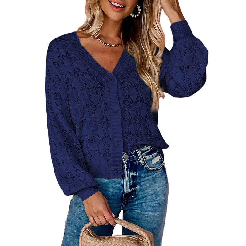 Women's Lightweight Crochet Cropped Cardigan Knitted Hollow Out V Neck Long Sleeve Button up Bolero Shrug Sweater