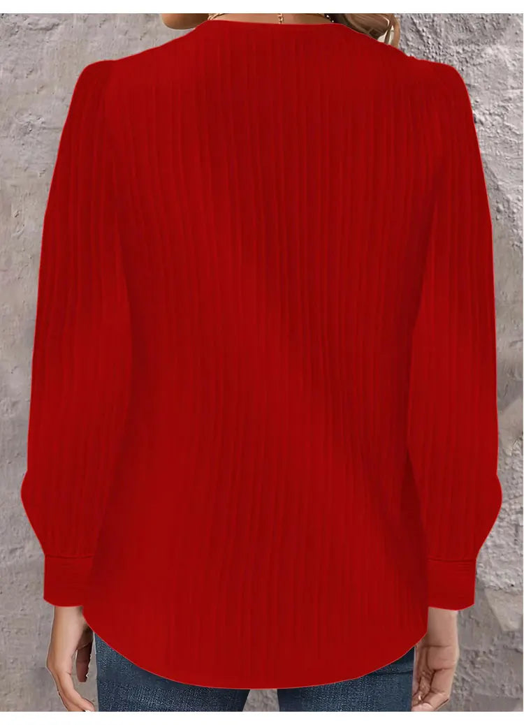 Simple Button V-neck Pullover Women's Solid Long Sleeve Casual T-shirts Elegant Lady Blouses